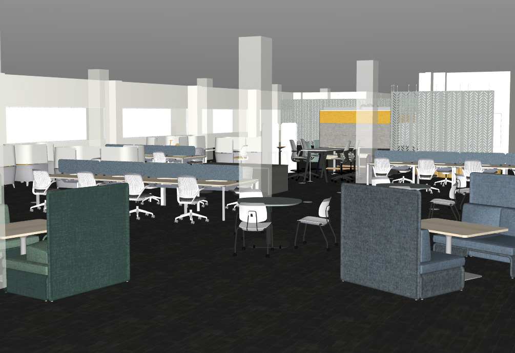 mockup of new furniture in the Library's collaboration space