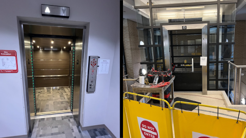 Photo of glass elevator and updated library elevator.