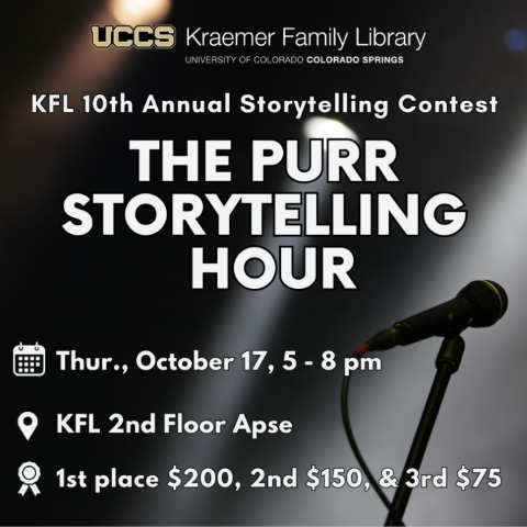 Image of a microphone in the spotlight with text over the image of details for the purr storytelling contest