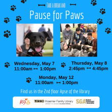 A blue infographic with pictures of dogs and pawprints with details of the event