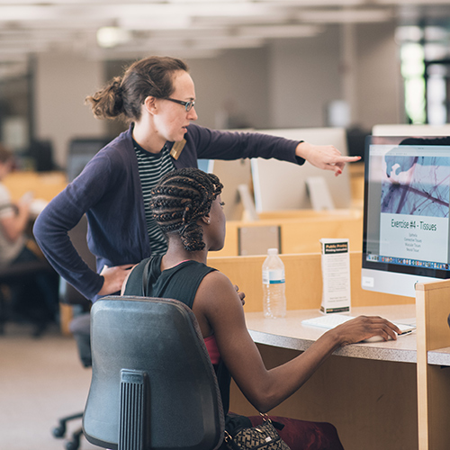 librarian helping student at computer